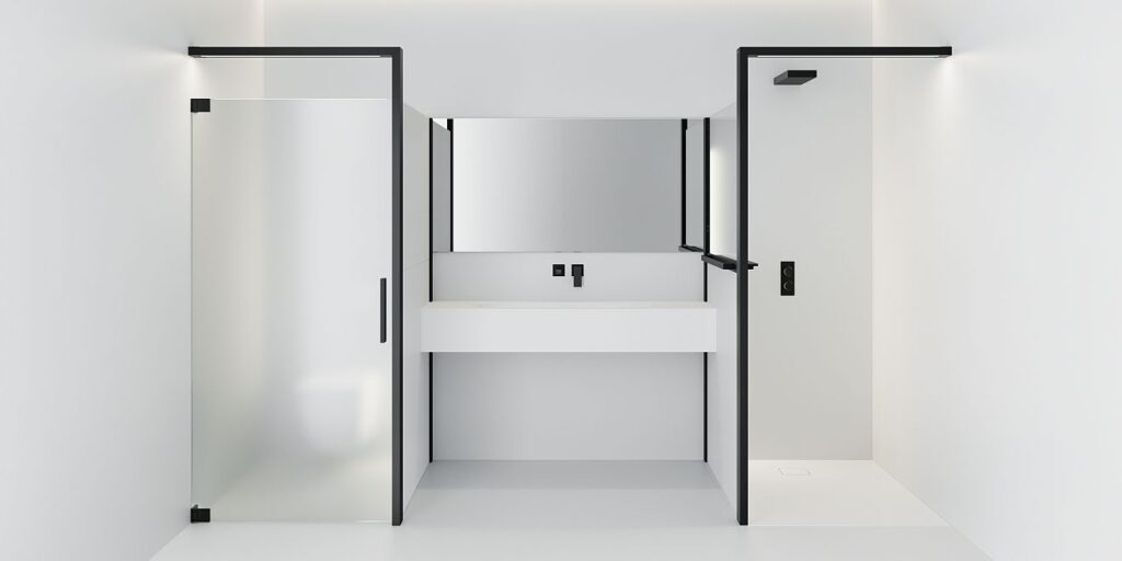 Raumtrenner: Dort, wo Ich- und Wir-Bereiche im Bad auf Abstand zueinander gehen, kann Hüppe Sphere für das gewünschte Maß an Privatsphäre sorgen. Bild: Hüppe