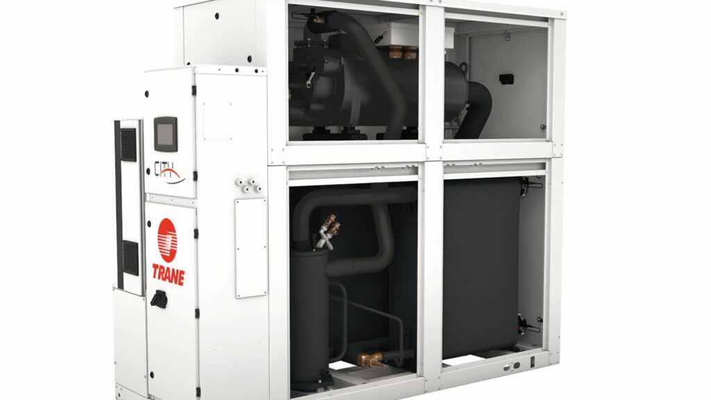 Die Hochtemperatur-Wasser/Wasser-Wärmepumpe Trane City RTSF HT liefert Warmwasser mit einer Temperatur von bis zu 110 °C und kann Unternehmen bei der Dekarbonisierung ihrer industriellen Prozesswärme helfen. Bild: Trane