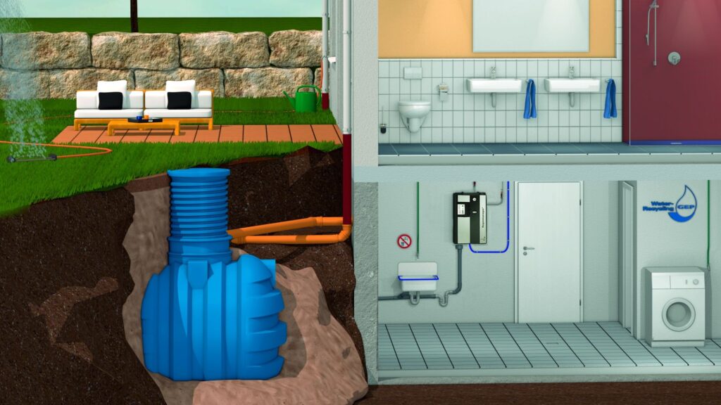 Das in Regenzisternen gesammelte Regenwasser kann beispielsweise zur Bewässerung des Gartens genutzt werden. Ein Regenmanager sorgt für den komfortablen unterbrechungsfreien Betrieb. Bild: Dehoust