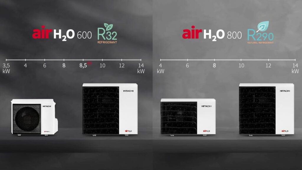 8,0-/8,5-kW-Modelle sind nun den beiden AirH2O-Reihen 600 R32 (Split) und 800 R290 (Monobloc und Hydrosplit) erhältlich. Bild: Hitachi