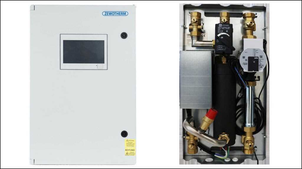 Die Anschluss- und Steuerungseinheit „Zewo PowerBox Alpha“ (links) wird vollständig vorverdrahtet geliefert. Die Hydraulikstation kommt mit Umwälzpumpe, 3-Wege-Umschaltventil, Sicherheitsthermostat und Isolierschale. Ein 8,8 kW elektrischer Durchlauferhitzer unterstützt bei Spitzenlasten. Bild: Zewotherm