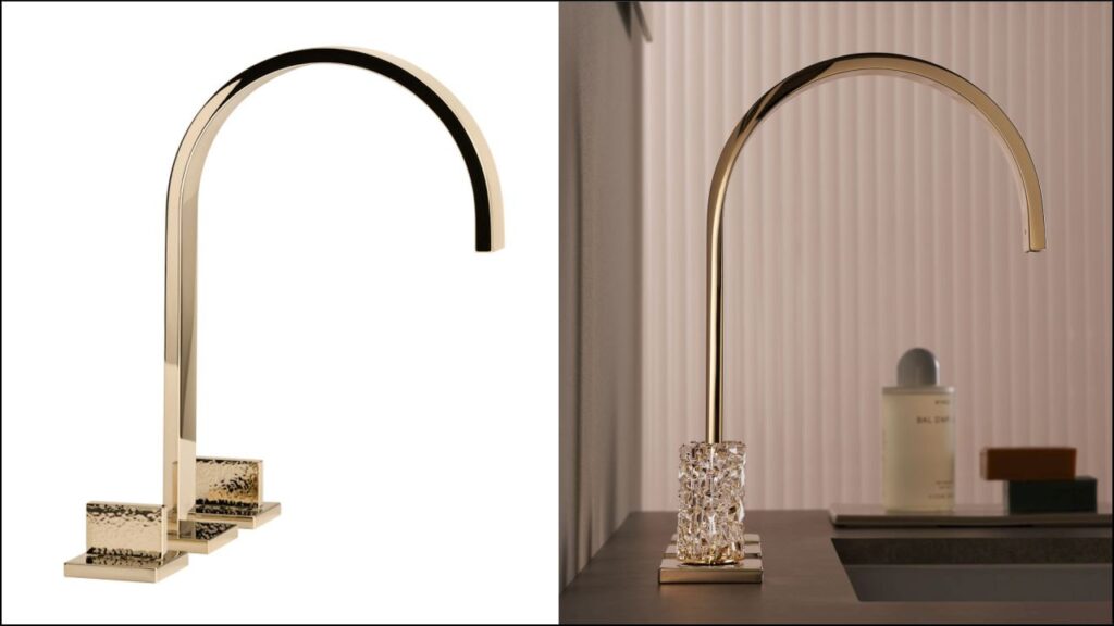 MEM kann über Dornbracht Atelier mit maßgefertigten Griffen versehen werden. Links in Messing (23kt Gold) mit hammergeschlagenen Griffen, rechts in Champagne (22kt Gold) mit Glasgriffen, die in Kooperation mit Glass Design entstanden sind. Bild: Dornbracht