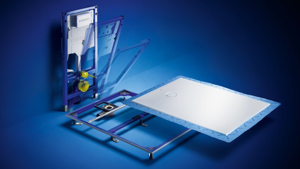 Die CleanFloor30-Duschfläche und der Duofix-Installationsrahmen für die Dusche. Bild: Geberit
