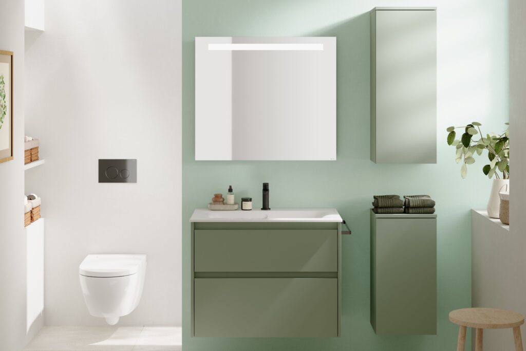 Renova-Plan-Badmöbel gibt es jetzt auch in der Trendfarbe „Salbeigrün seidenmatt“. Bild: Geberit