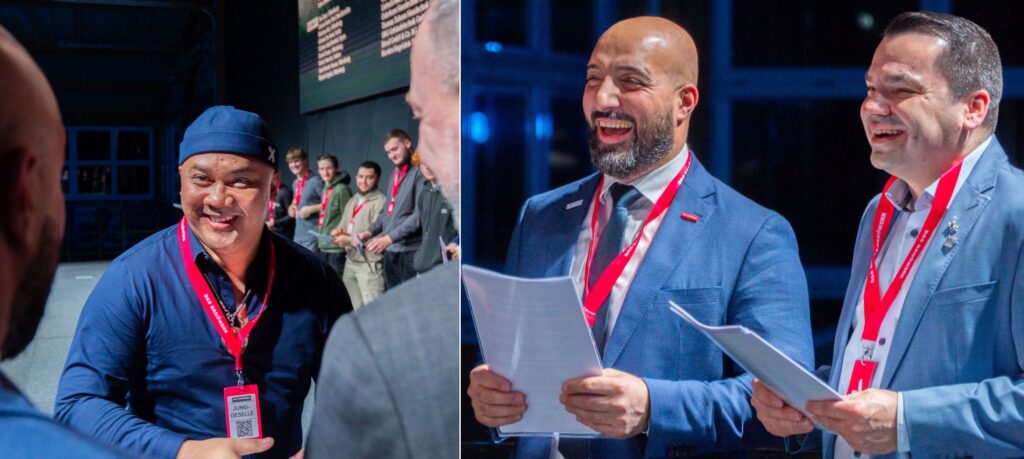 Kitti Boriboon (linkes Bild) freut sich über den erfolgreichen Abschluss seiner Ausbildung; gute Laune auch beim Obermeister der Innung Cehan San (links im rechten Bild) und dem Prüfungsausschussvorsitzenden Michael Richter. Bild: Kreishandwerkerschaft Oldenburg