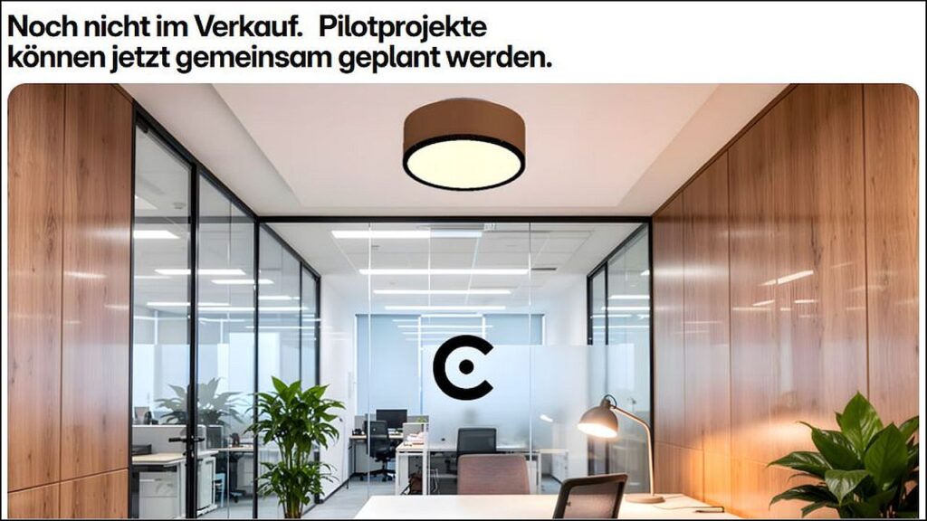 Die runde Deckenleuchte mit wassergeführter Heiz-/Kühltechnik, Ventilation und Kondensatmanagement soll ohne zusätzliche sichtbare Geräte im Raum ganzjährig für Raumkomfort sorgen. Bild: clight.de