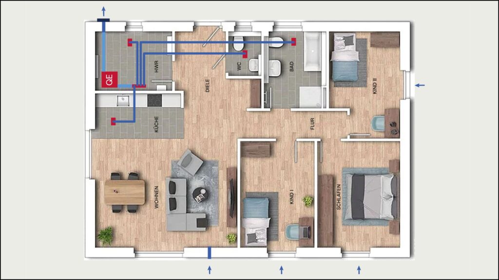Lüftungsplanung für die Abluftwärmepumpe QE (links oben) im HvH-Haustyp Modicus. Bild: Qvantum