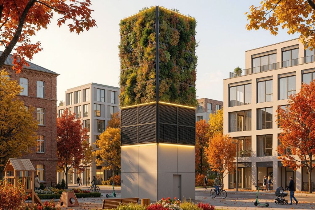 Der Klimaturm in der KI-Visualisierung in einem innerstädtischen Milieu. Bild: Towergy / Jeannette Bergen