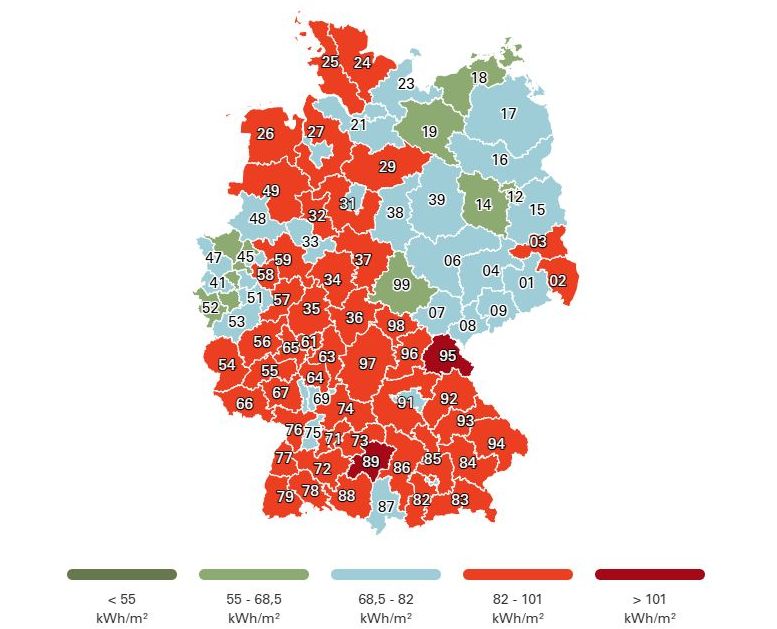Die interaktive Deutschlandkarte zeigt Daten (hier der Verbrauch für Heizung pro Quadratmeter) auf Ebene der Bundesländer, Postleitzahlregionen und Großstädte. Bild: techem.com/corp/de/techem-atlas/der-atlas-2026/deutschlandkarte